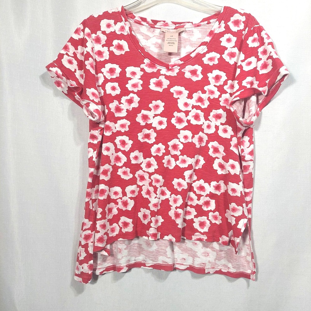 Philosophy Womens Large Tee Red White Floral 100% Pima Cotton Popover Boho Beach
